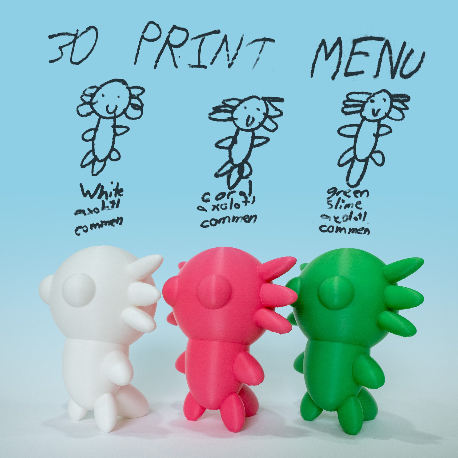 Three colorful figures in front of a blue background with printed text.